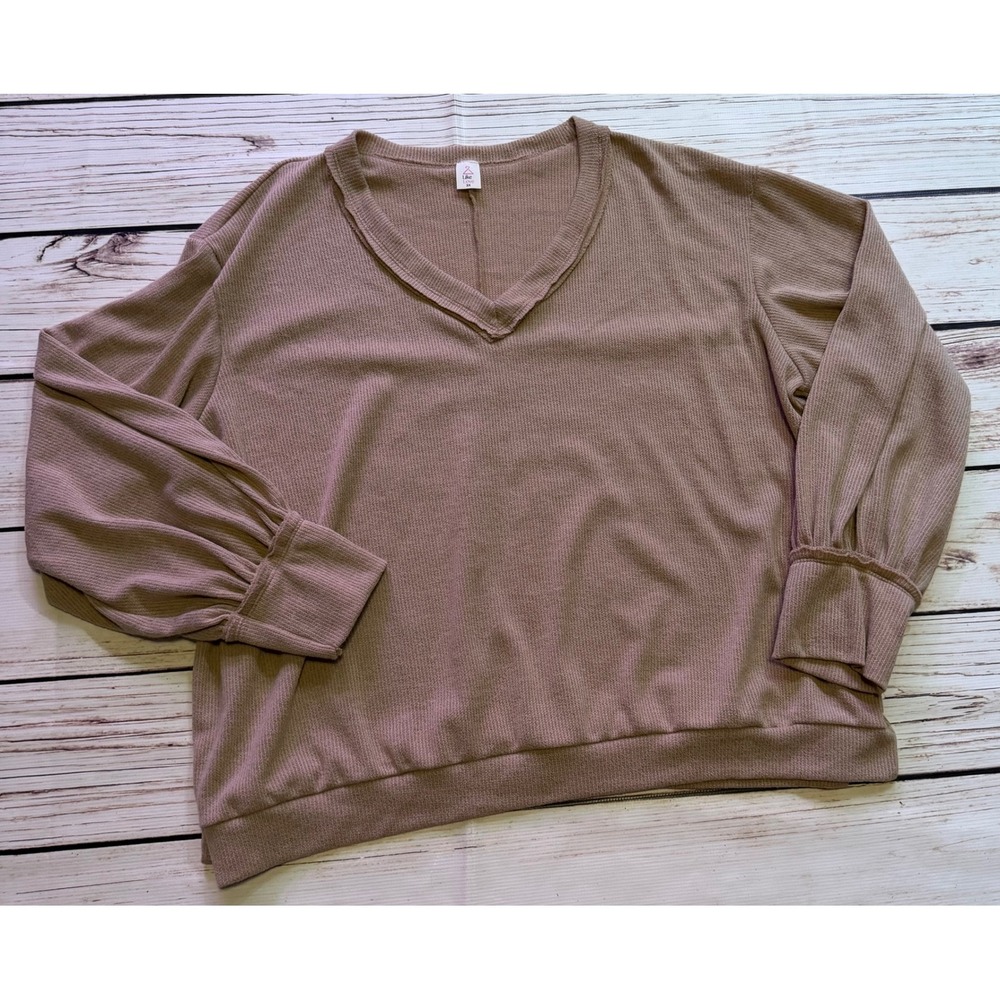 Like Love Mauve Brown Waffle Knit V-Neck Balloon Sleeve Top Plus Size 3X